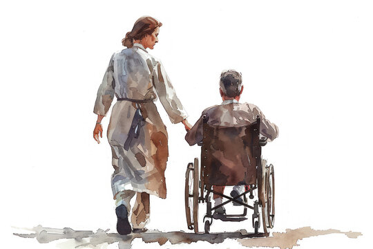 Brown watercolor painting of a nurse pushing a patient's wheelchair