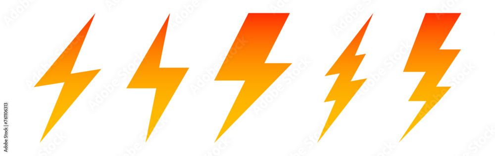 Poster flash thunder power icon set, flash lightning bolt icon with thunder bolt collection - electric powe
