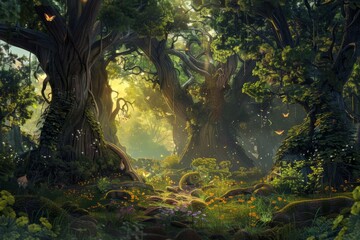 Discover the hidden treasures of an ancient forest filled with towering trees and mystical creatures with a nature background, capturing the essence of enchantment, Generative AI