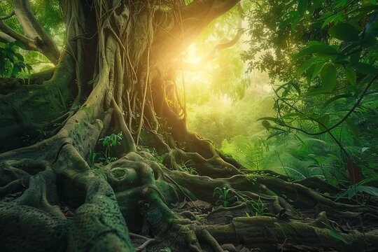 Discover the hidden treasures of an ancient forest filled with towering trees and mystical creatures with a nature background, capturing the essence of enchantment, Generative AI