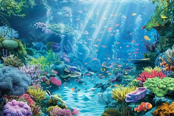Delve into the mysterious depths of an underwater world teeming with colorful coral reefs and exotic marine life with a nature background, evoking a sense of wonder and awe, Generative AI