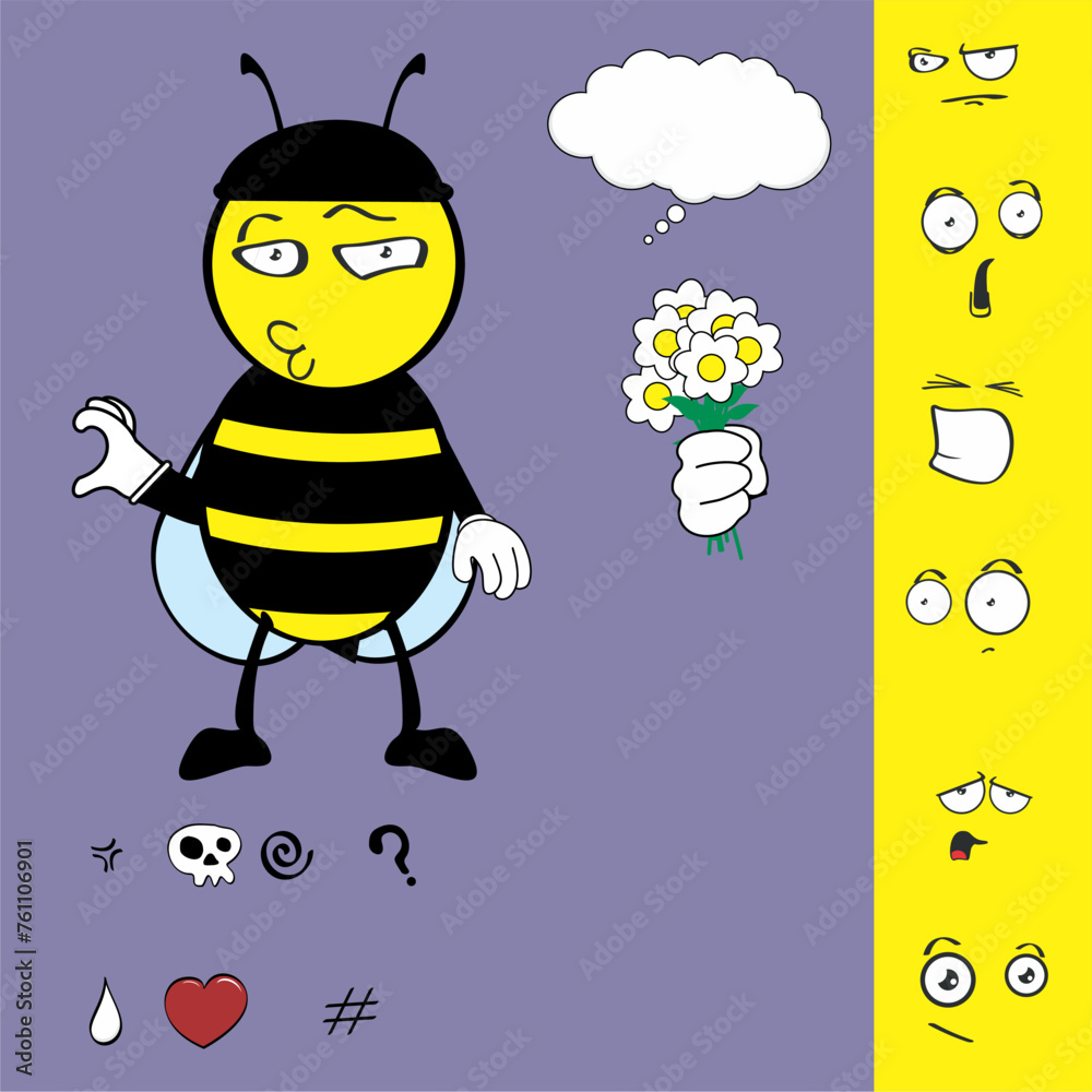 Wall mural bee cartoon character expressions pack collection in vector format