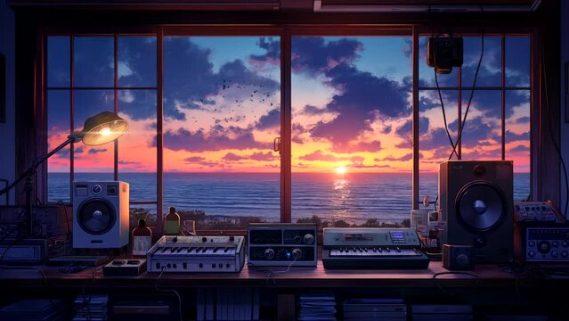 Radio studio with ocean view at sunset from the window, for Lofi music background. seamless looping 4k time-lapse animation video background