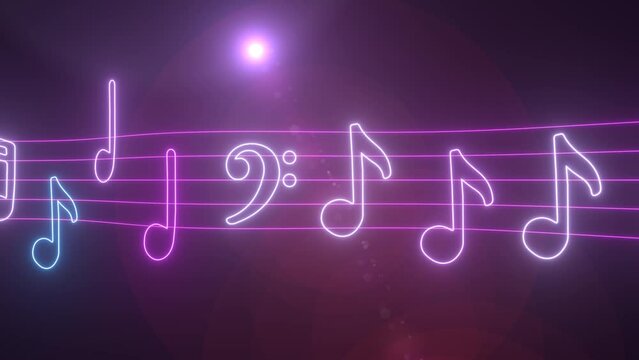 Glowing Music Notes Move Along Wavy Musical Score Sheet Lines Melody - 4K Seamless VJ Loop Motion Background Animation