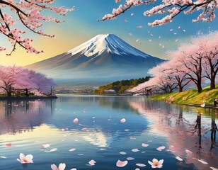 美しい富士山と湖の周りには桜が咲く - obrazy, fototapety, plakaty