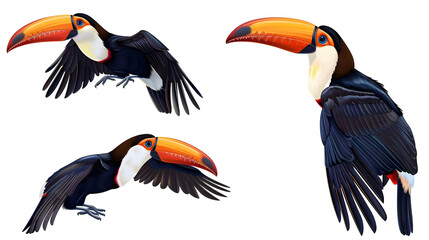 Tropical toucan bird collection (portrait, sitting, flying) isolated on white background, animal bundle