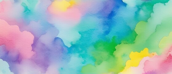 Vibrant and colorful watercolor abstract background featuring bright rainbow hues of pink, green, blue, yellow, and purple