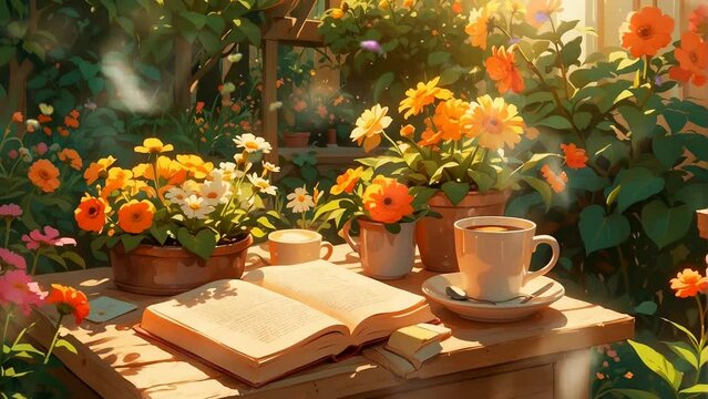 A warm and beautiful flower garden with bright sunlight and a book and a cup of coffee on the table. digital painting illustration style. seamless looping 4k video animation background.