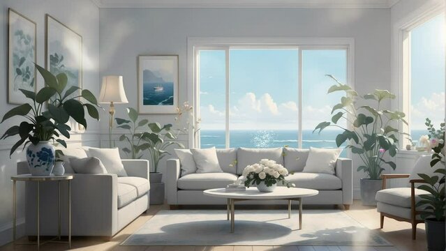 hotel-style living room on the beach with a vase of flowers on the table. cartoon or anime watercolor digital painting illustration style. seamless looping 4k video animation background.