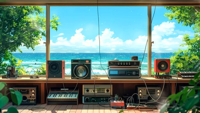 Radio studio with tropical beach at daytime from the window, for Lofi music background. seamless looping 4k time-lapse animation video background
