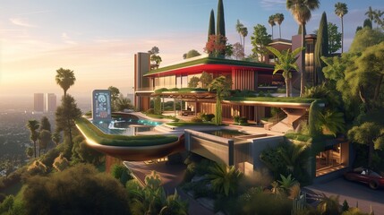 An ultra-modern American retro-futuristic mansion 