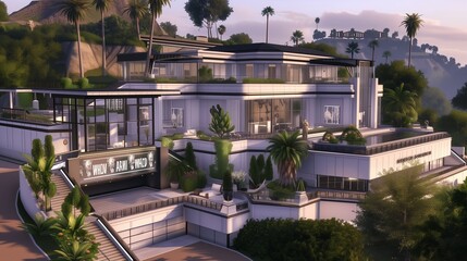 An ultra-modern American retro-futuristic mansion with holographic Hollywood Walk of Fame