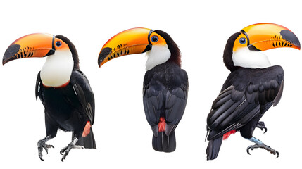 Tropical toucan bird collection (portrait, sitting, flying) isolated on white background, animal bundle