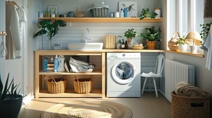 Functional laundry room with efficient storage, neutral color scheme and minimal decor