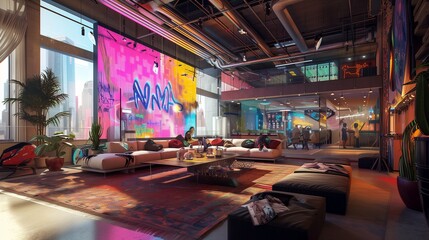 An American retro-futuristic loft, with holographic graffiti art