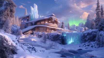 A Canadian retro-futuristic cabin nestled in a snowy landscape, integrating log cabin aesthetics with high-tech ice sculptures and AI-controlled auroras.