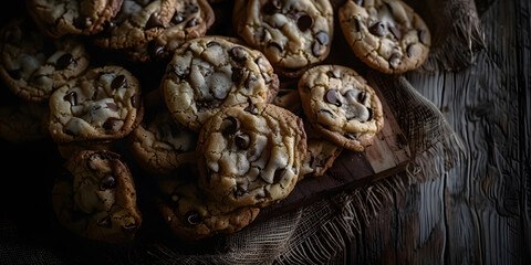 Cookies de Chocolate recémassados em uma tábua de corte de madeira rústica - obrazy, fototapety, plakaty