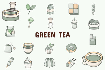 Green Tea Lineal Color Vector Illustration Icon Sticker Set Design Materials