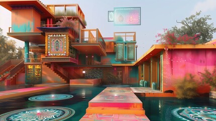 A vibrant Indian retro-futuristic house, combining traditional colors, intricate patterns, and floating holographic mandalas.