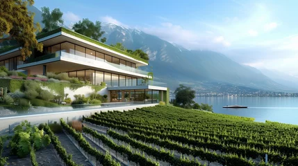 Foto op Canvas A Swiss modern lakefront residence, with smart vineyards © MuhammadHamza