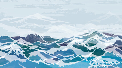 海　波のある和風背景イラスト