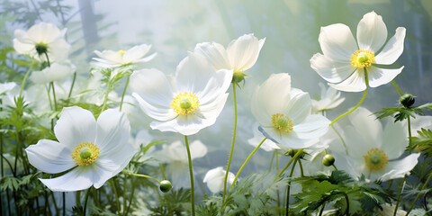 white beautiful fresh botanical spring flowers dancing  in garden background