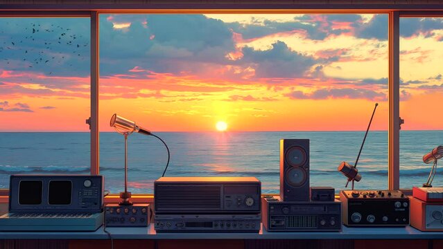 Radio studio with ocean view at sunset from the window, for Lofi music background. seamless looping 4k time-lapse animation video background