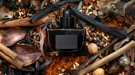 Male's perfume bottle with spices and leaves on the ground