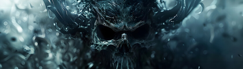Dark Fantasy Video Game Evil Skull Face with Glowing Eyes in Cinematic Scene - obrazy, fototapety, plakaty