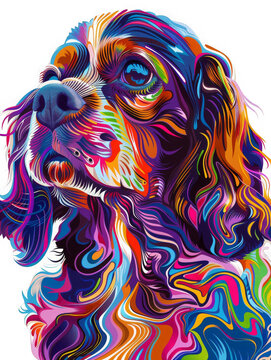 Spaniel rendered in vibrant psychedelic op art with bright, vivid colors, PNG Background Transparent