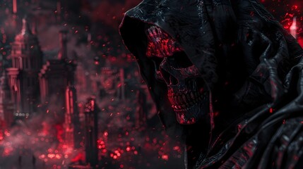 Grim Reaper's Apocalyptic Rule: A Dark Fantasy City in Ruins, Basking in the Glow of Red Lights