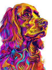 Spaniel, depicted in vibrant psychedelic op art with bright, vivid colors, Features a PNG Background Transparent