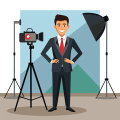 Businessman with hands on waist in front of camera vector illustration graphic design