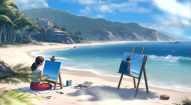 Seamless Time-Lapse Animation: Woman Painting Coastal Landscape