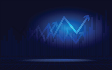 Financial chart with moving up arrow graph in stock market on dark blue color background.illustration - obrazy, fototapety, plakaty