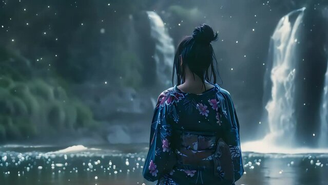 Beautiful girl with long black hair, half-open kimono, sitting on a rock in the middle of a river with a waterfall. Generative AI