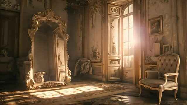 Victorian era mirror encased in a sumptuous filigree frame reflects a luxurious room decorated with antiques, with intricate patterns and shadows. Generative AI