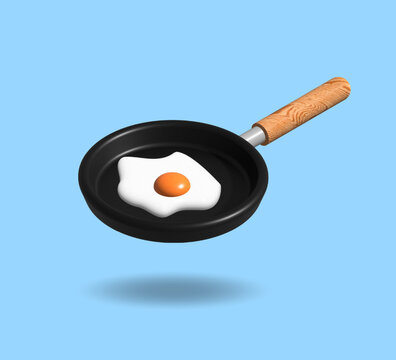 Frying pan with fries eggs 3d illustrationo isolated on light blue background