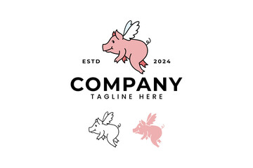 pig flying with wings cartoon logo design for animal food farm restaurant company business