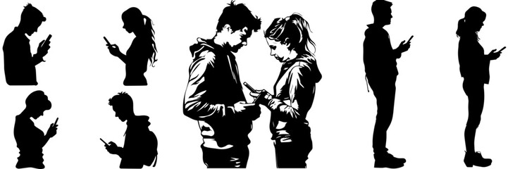 People holding using mobile phones set Characters with smartphones in hands Men women use cellphones surfing internet chatting Flat graphic vector illustrations black and white