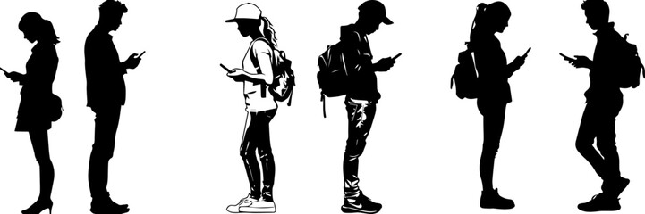 People holding using mobile phones set Characters with smartphones in hands Men women use cellphones surfing internet chatting Flat graphic vector illustrations black and white