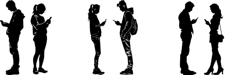People holding using mobile phones set Characters with smartphones in hands Men women use cellphones surfing internet chatting Flat graphic vector illustrations black and white