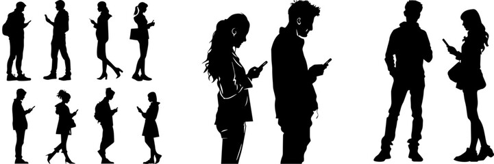 People holding using mobile phones set Characters with smartphones in hands Men women use cellphones surfing internet chatting Flat graphic vector illustrations black and white