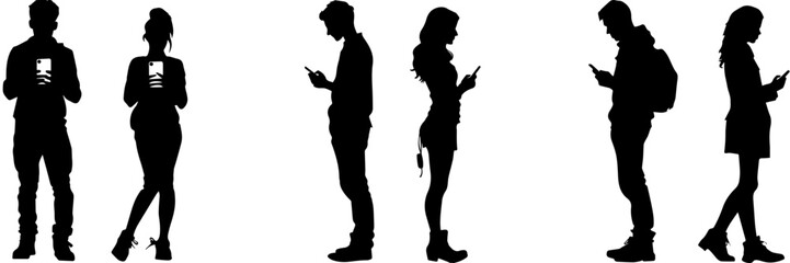 People holding using mobile phones set Characters with smartphones in hands Men women use cellphones surfing internet chatting Flat graphic vector illustrations black and white