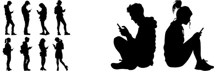 People holding using mobile phones set Characters with smartphones in hands Men women use cellphones surfing internet chatting Flat graphic vector illustrations black and white