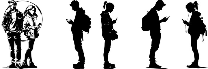 People holding using mobile phones set Characters with smartphones in hands Men women use cellphones surfing internet chatting Flat graphic vector illustrations black and white