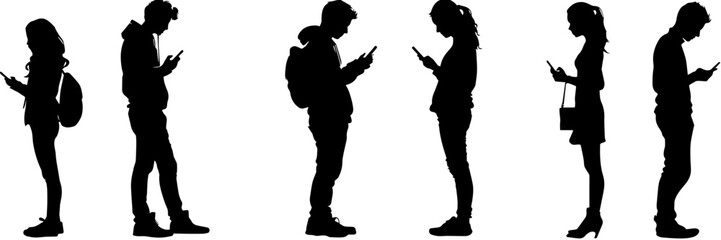 People holding using mobile phones set Characters with smartphones in hands Men women use cellphones surfing internet chatting Flat graphic vector illustrations black and white