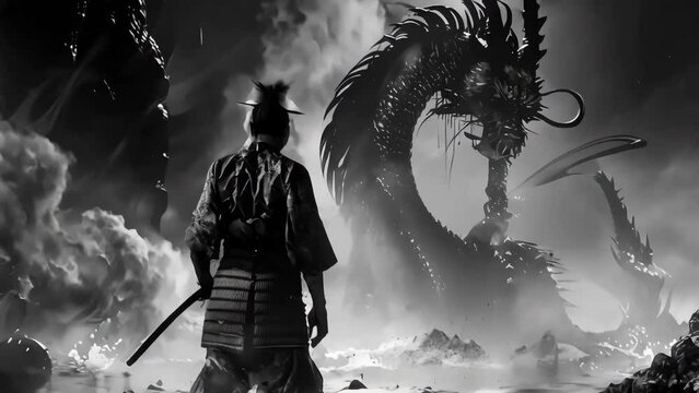 A samurai prepares for a battle with a dragon. Black and white photo. Generative AI