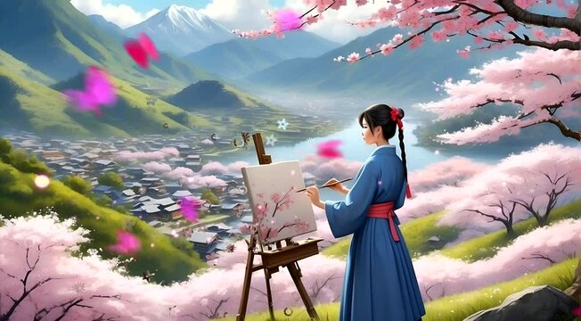 Seamless Time-Lapse Animation: Woman Painting Sakura Blossoms on a Spring Tree