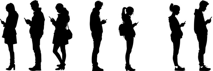 People holding using mobile phones set Characters with smartphones in hands Men women use cellphones surfing internet chatting Flat graphic vector illustrations black and white